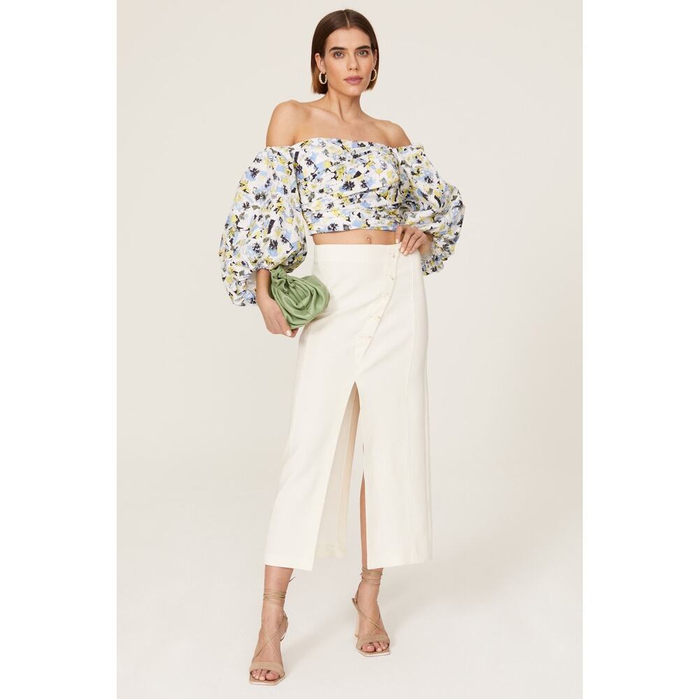 TANYA TAYLOR Blue Floral Cotton Off Shoulder Puff Sleeves Alondra Top Size 2